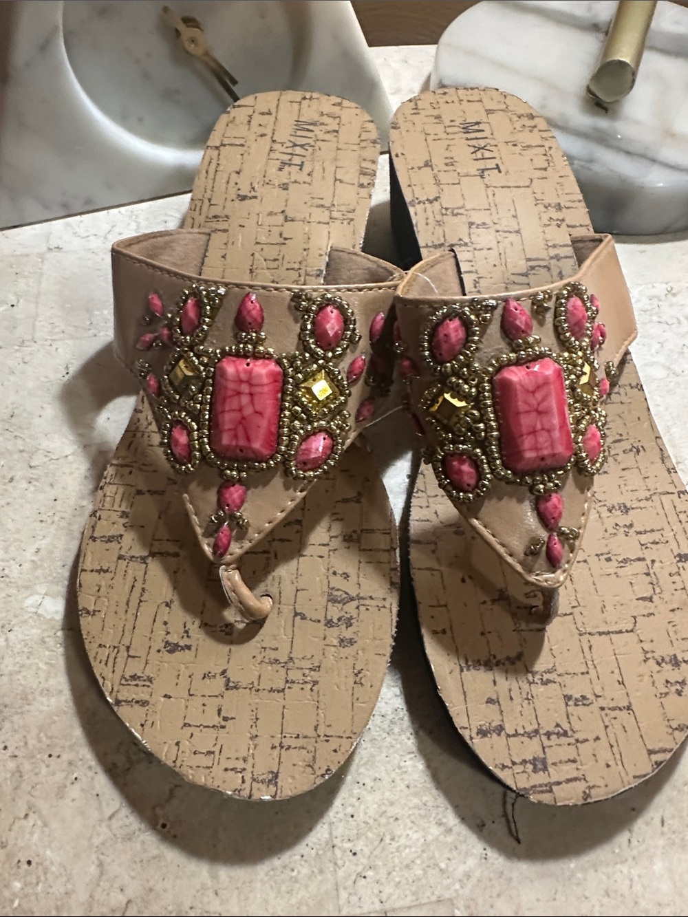 Mixit Tan Sandals with Pink Jeweled Embellishments